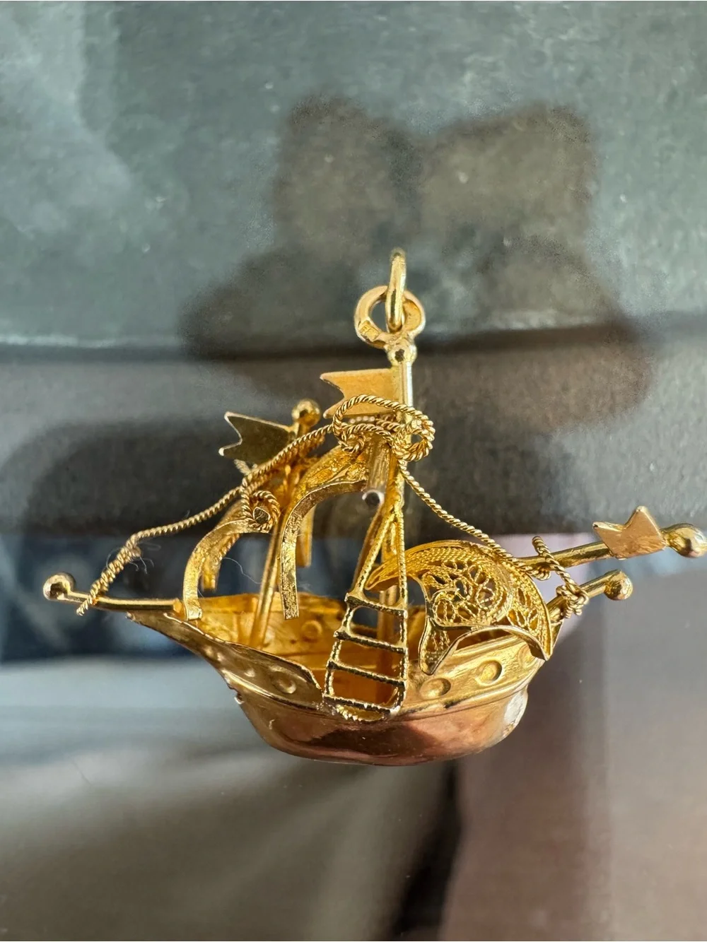 14k stamped acid tested Gold-Tone Ornate Filigree Boat Pendant Necklace Charm
